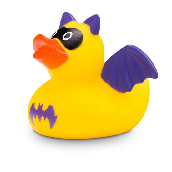 gelb-lilane Werbeente Batduck im Fledermauslook, Größe: ca. 8 cm. Inklusive Quietschventil