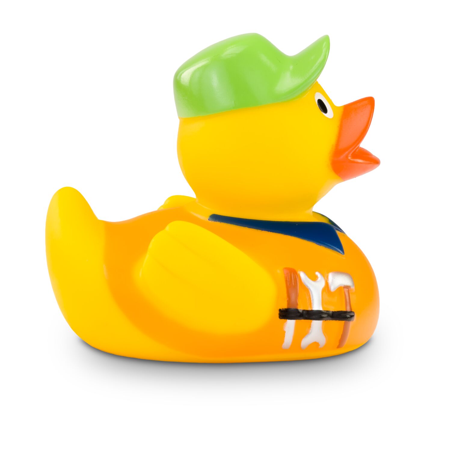 gelbe Badeente Hugo Handwerker mit orangefarbener Kappe, Hemd und Werkzeug-Gürtel. Größe: ca. 8 cm. Inklusive Quietschventil