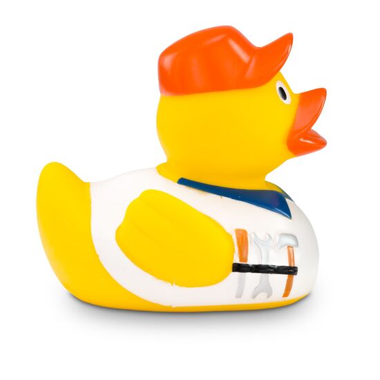 gelbe Badeente Hugo Handwerker mit grüner Kappe, Hemd und Werkzeug-Gürtel. Größe: ca. 8 cm. Inklusive Quietschventil