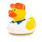 gelbe Badeente Hugo Handwerker mit grüner Kappe, Hemd und Werkzeug-Gürtel. Größe: ca. 8 cm. Inklusive Quietschventil