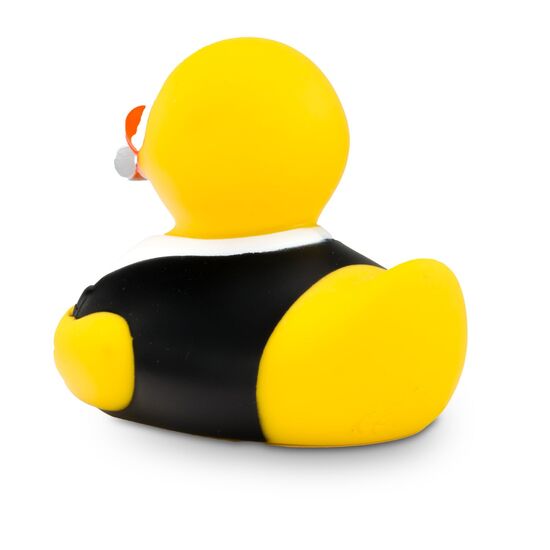 gelbe Badeente Sven Schiri mit schwarzem Trikot,einer roten Karte und Trillerpfeife, Größe: ca. 8 cm. Inklusive Quietschventil