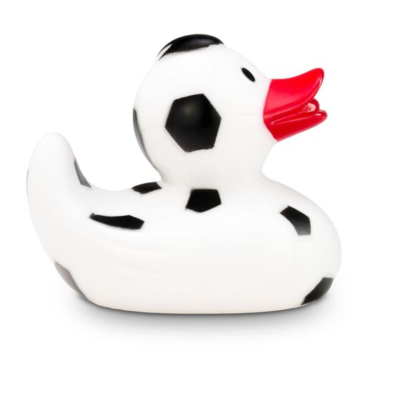 schwarz-weiße Badeente Franz Fußball mit rotem Schnabel. Größe: ca. 8 cm, inklusive Quietschventil