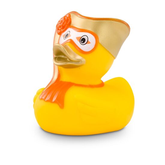 gelbe Werbeente Vicky Venedig mit Gesichts- und Kopfmaske, Blume und Halstuch, Größe: ca. 8 cm. Inklusive Quietschventil