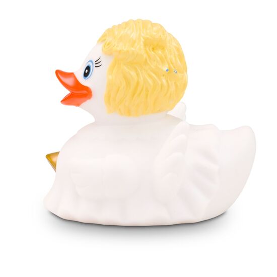 weiße Badeente Helena Goldlöckchen mit rosa Schnabel und Glöckchen, Größe: ca. 8 cm. Inklusive Quietschventil