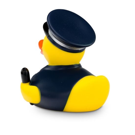 gelbe Werbeente Walter Wachtmeister mit Polizeiuniform, Schirmmütze, Handschellen und Knüppel, Größe: ca. 8 cm. inklusive Quietschventil