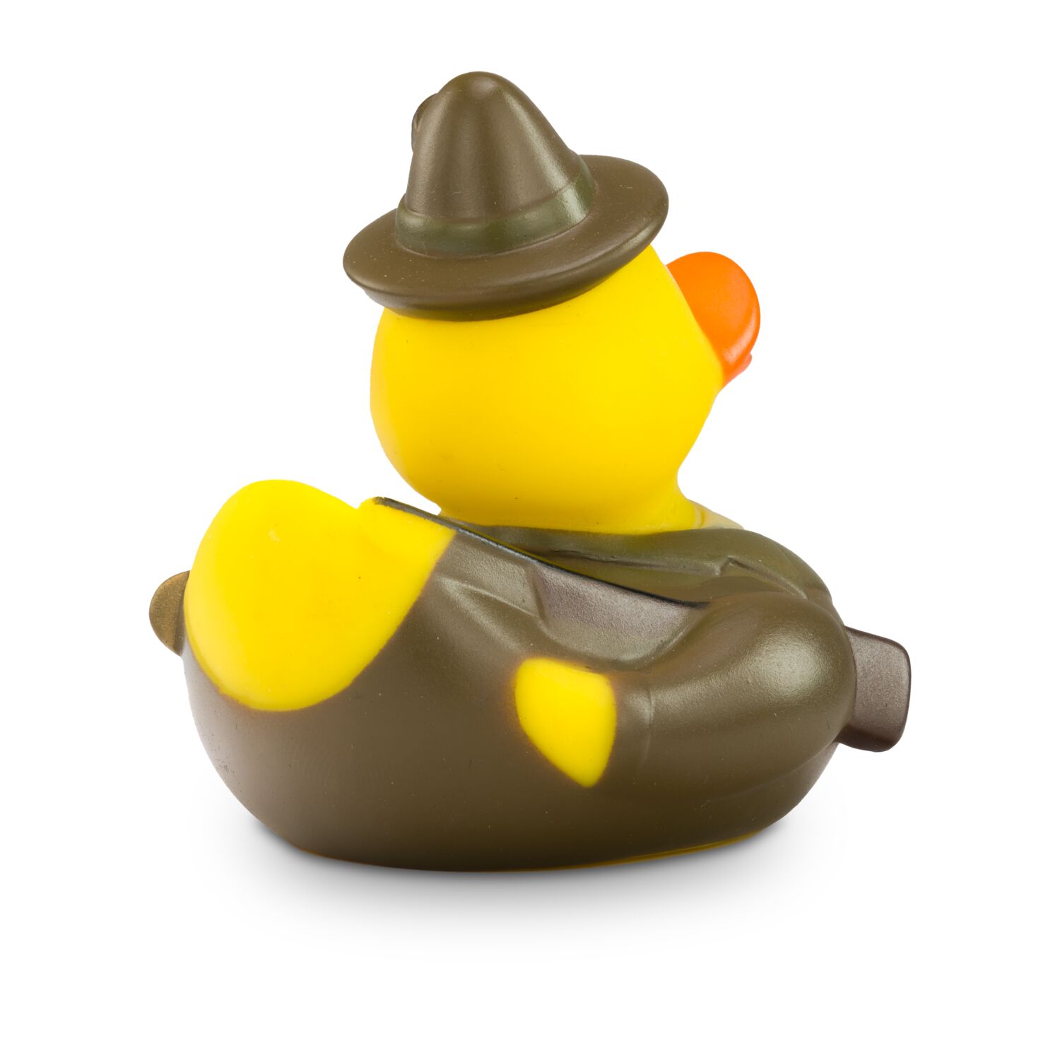 gelbe Werbeente Freddy Förster in Tracht und Hut mit Fernglas, Gewehr und Horn, Größe: ca. 8 cm. Inklusive Quietschventil