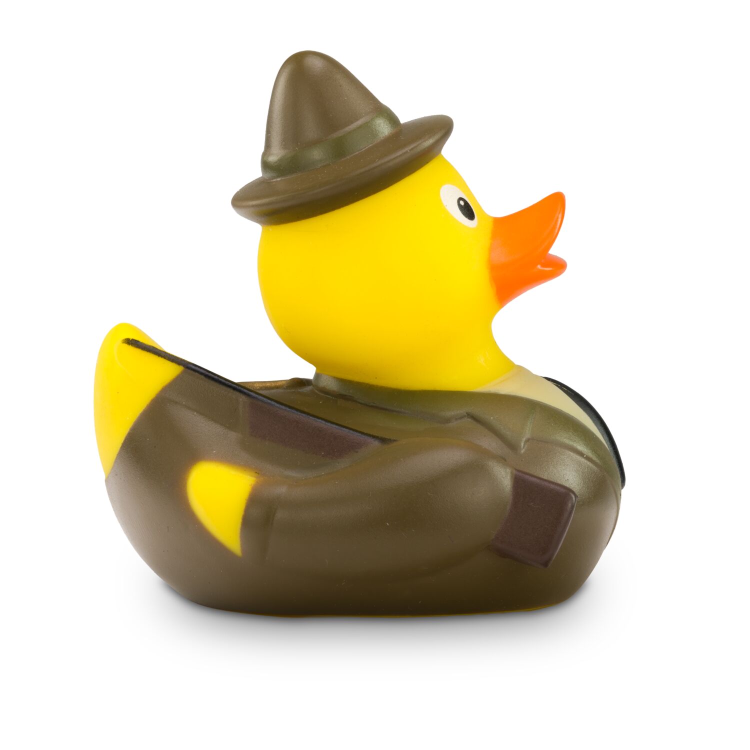 gelbe Werbeente Freddy Förster in Tracht und Hut mit Fernglas, Gewehr und Horn, Größe: ca. 8 cm. Inklusive Quietschventil