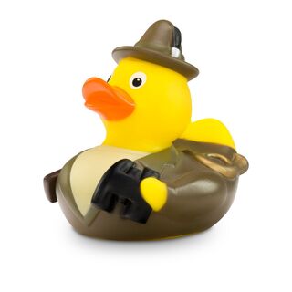 gelbe Werbeente Freddy Förster in Tracht und Hut mit Fernglas, Gewehr und Horn, Größe: ca. 8 cm. Inklusive Quietschventil