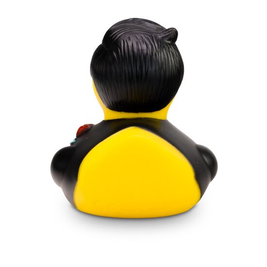 gelbe Werbeente Bernd Bräutigam mit weißem Hemd, schwarzem Anzug mit Fliege undRose, Größe: ca. 8 cm. Inklusive Quietschventil