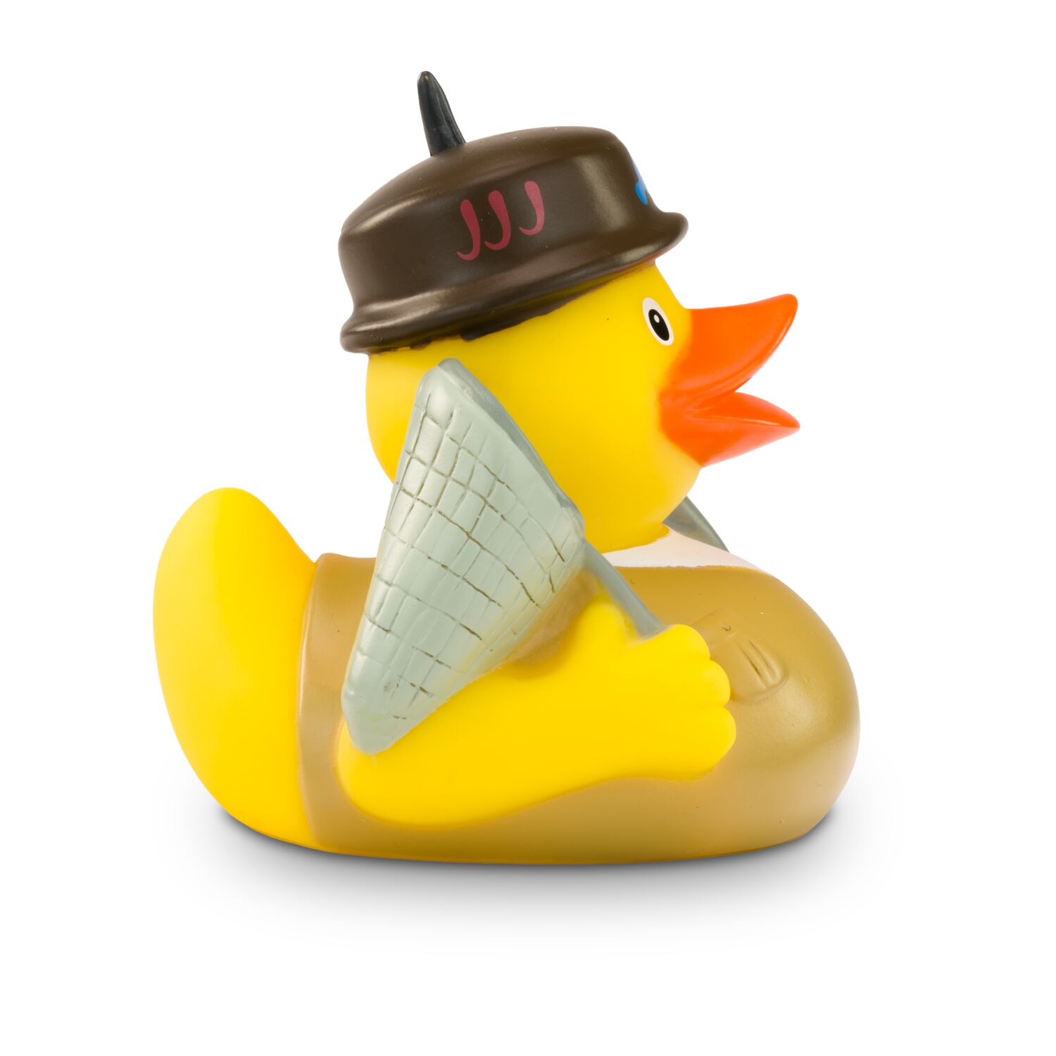 gelbe Werbeente Petri HeilmitAnglerhut, Outdoor-Hemd, Angel mit Fisch und Käscher, Größe: ca. 8 cm. Inklusive Quietschventil
