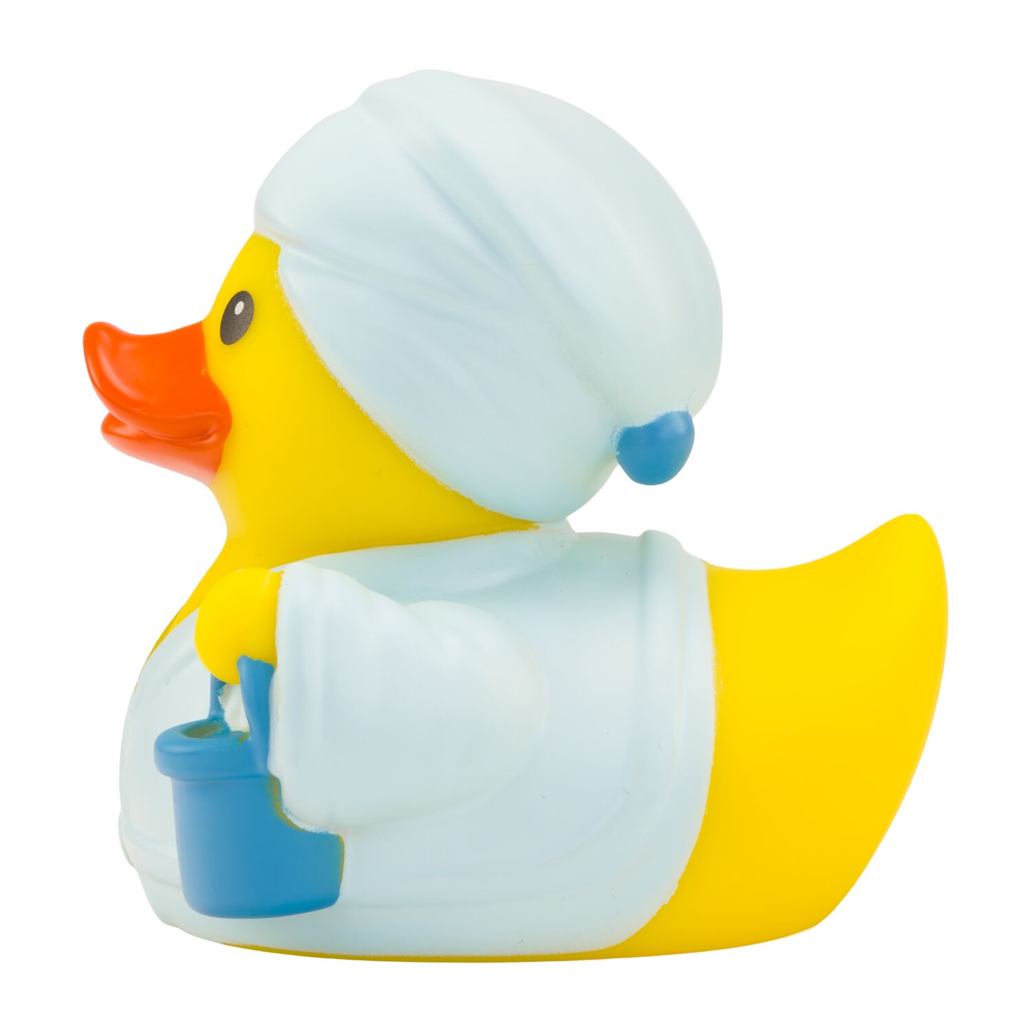 gelbe Ente mit Helm, Kabel, Spannungsmesser und blauer Arbeitskleidung. Ca. 8 cm. Quietschventil.