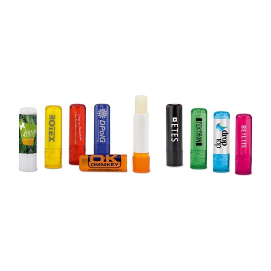 Der ideale Werbeträger in jeder Handtasche: Lippenpflegestift mit Lichtschutzfaktor 20, dermatologisch getestet, verschiedene Farben