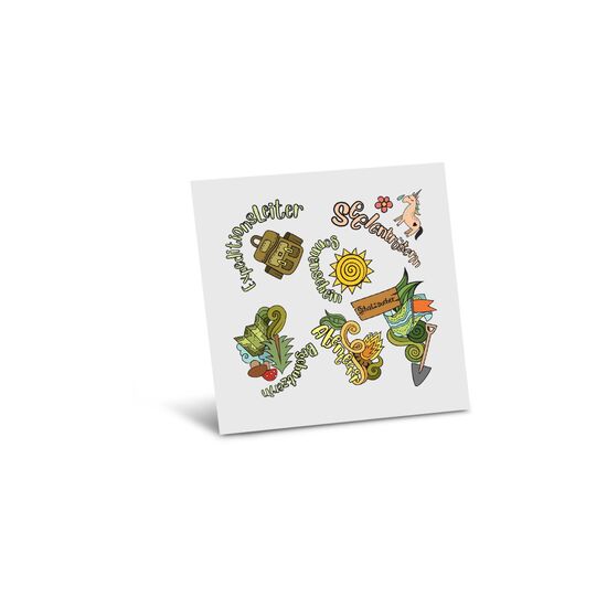 Ein Bogen individuell gestaltbarer Haut-Tattoos in einem frei gestaltbaren Kartonmäppchen.