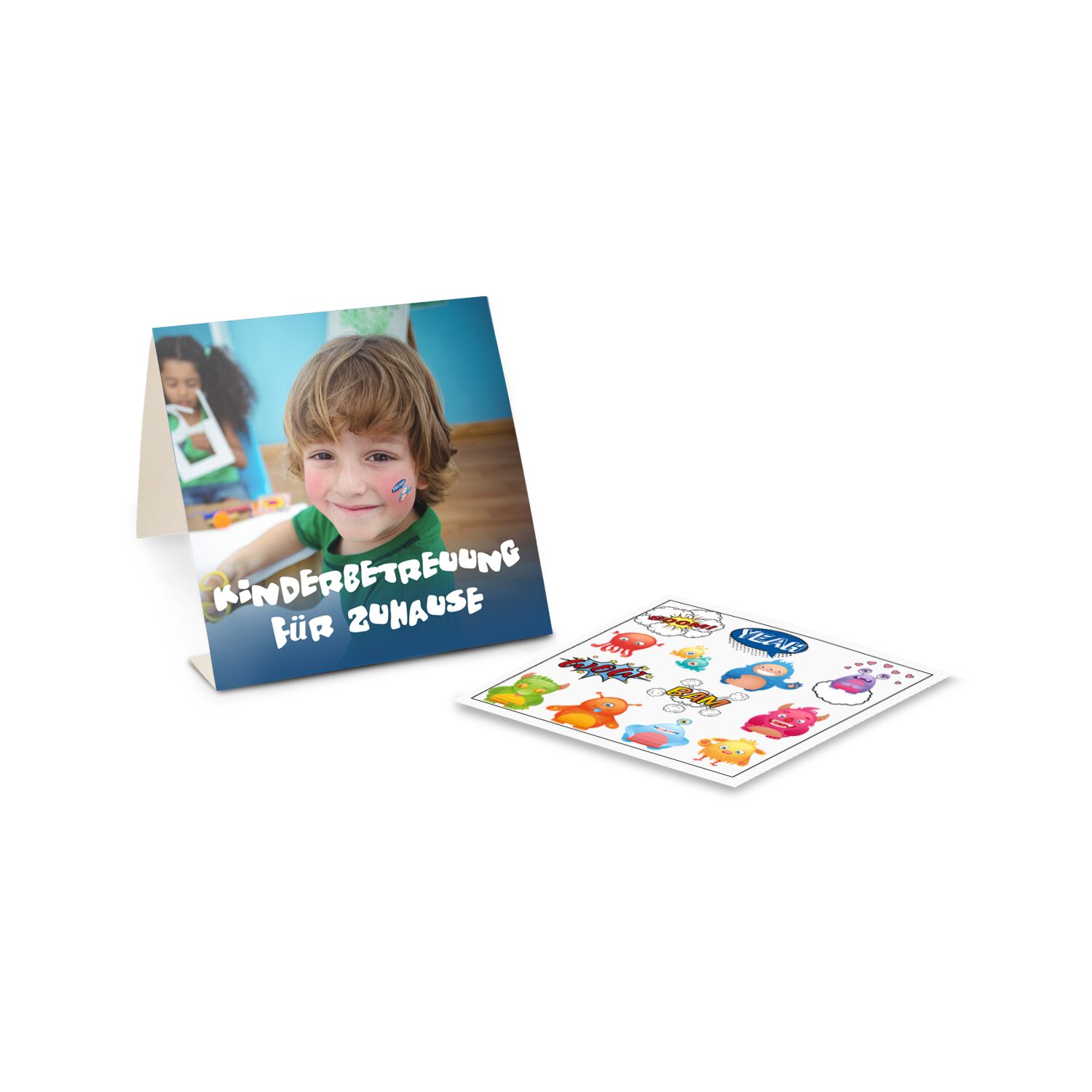 Ein Bogen mit 13 Kinder-Tattoos mit Monsterdesign in einem Kartonmäppchen.