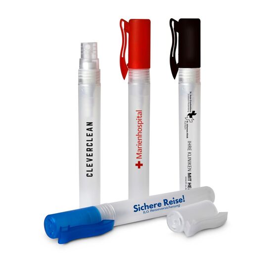 Saubere Werbung! 10 ml Handreinigungsspray. Passt in jede Tasche, ist sofort griffbereit und stets präsent. Give-Away für Mann & Frau.