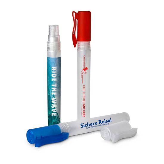 Saubere Werbung! 10 ml Handreinigungsspray. Passt in jede Tasche, ist sofort griffbereit und stets präsent. Give-Away für Mann & Frau.