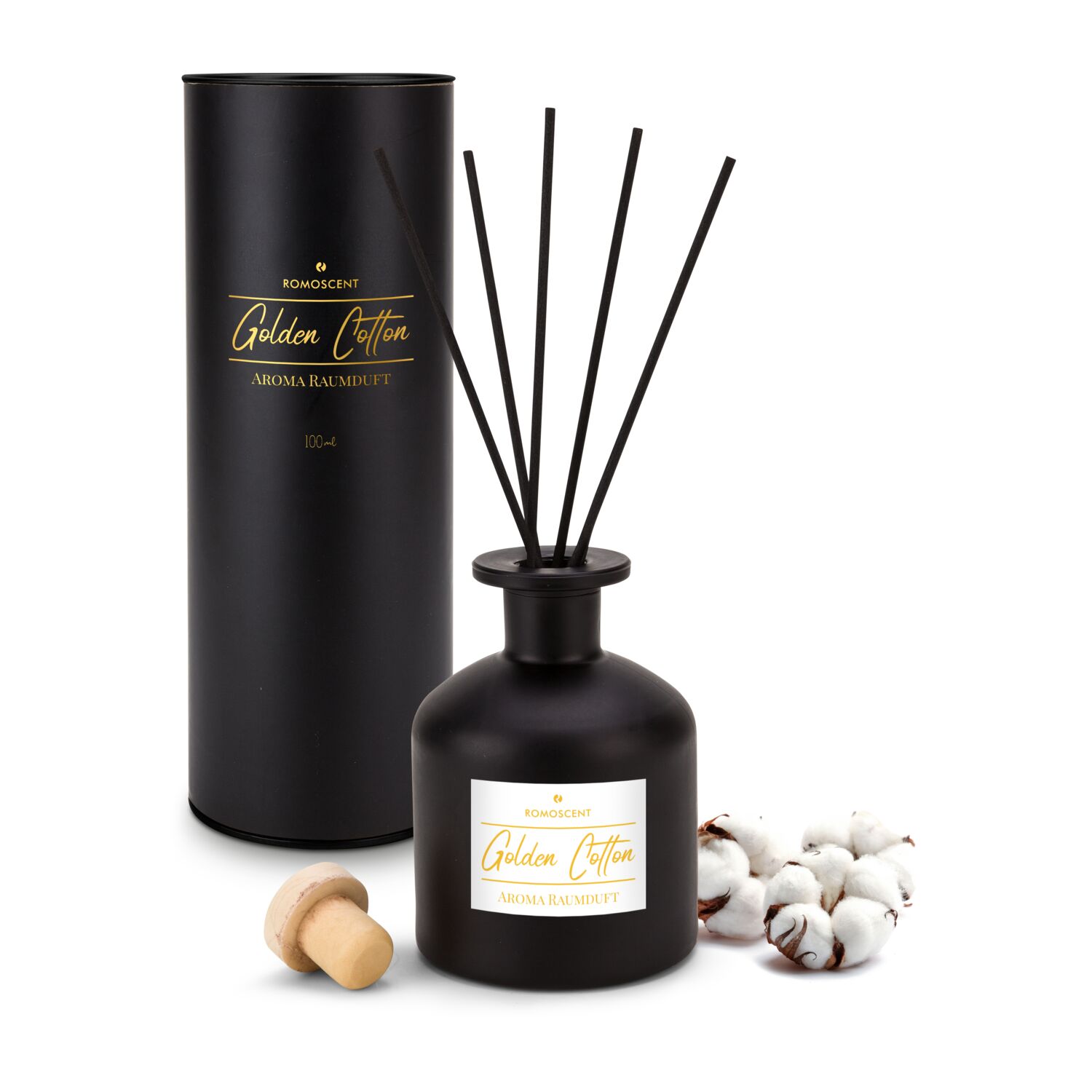 Raumduft 100 ml Diffusor mit 5 Rattanstäbchen in edlem, schwarzen Glas. Duftrichtung: Golden Cotton