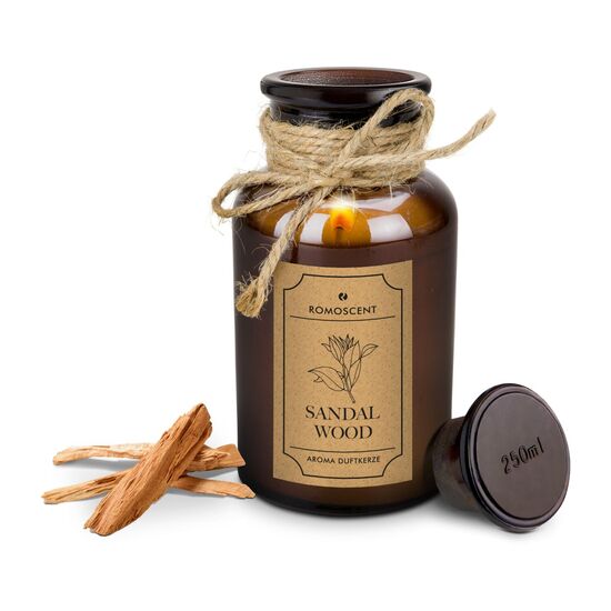 Originelle Apothekerflasche-Aromakerze mit Sandelholz-Duft, mit Glaskorken, Etikett und Jutedekoration. Brenndauer: ca. 40 Stunden