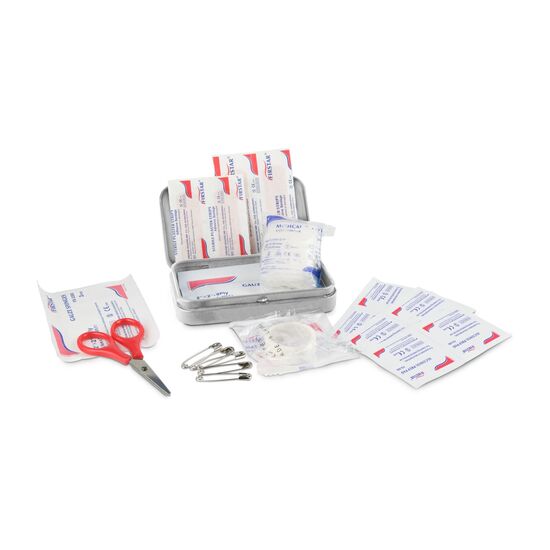 27-teiliges First Aid Kit in praktischer wiederverwendbarer Metalldose. Ideal auch für unterwegs.