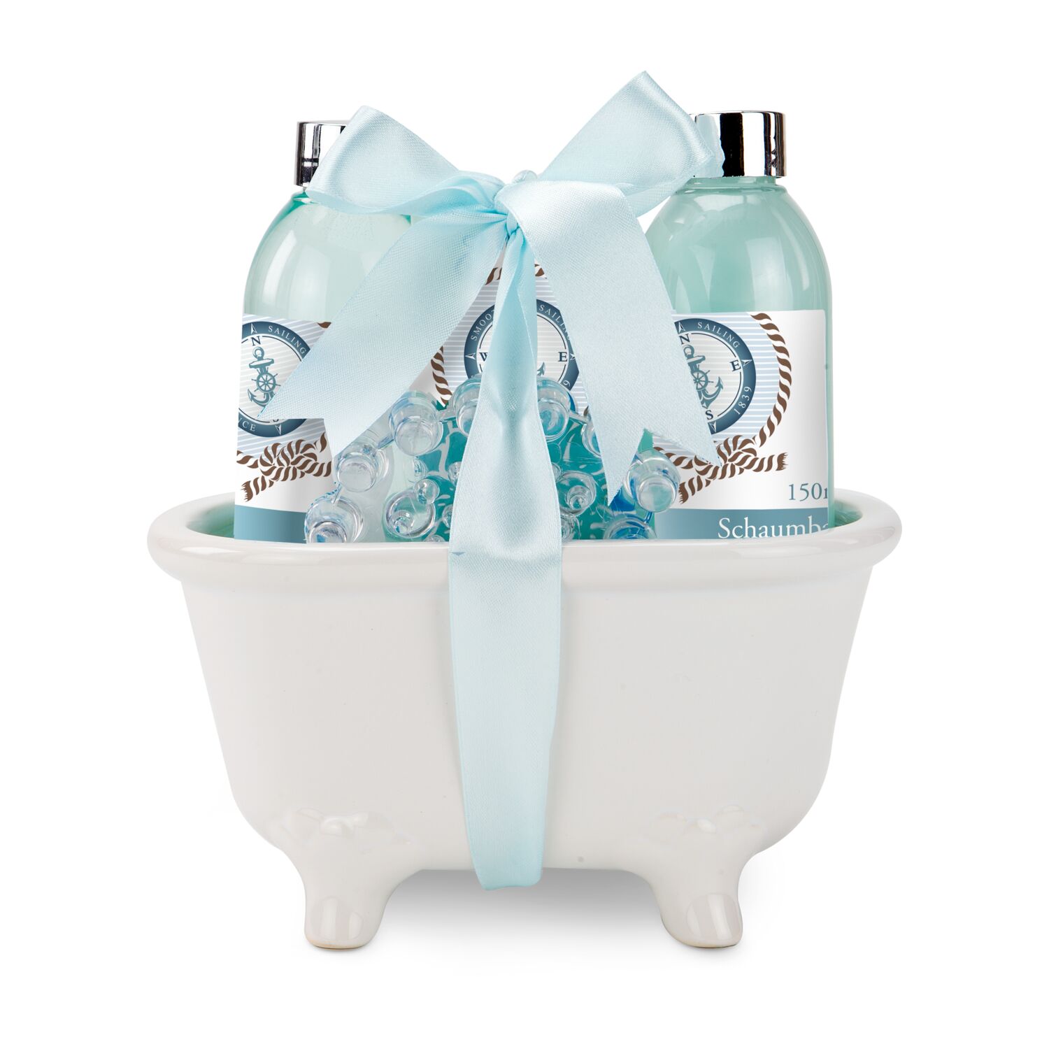 150 ml Duschgel, 150 ml Schaumbad, 200 g Badesalz, Massagebürste aus Kunststoff in Keramik-Badewanne, Duft: Ocean