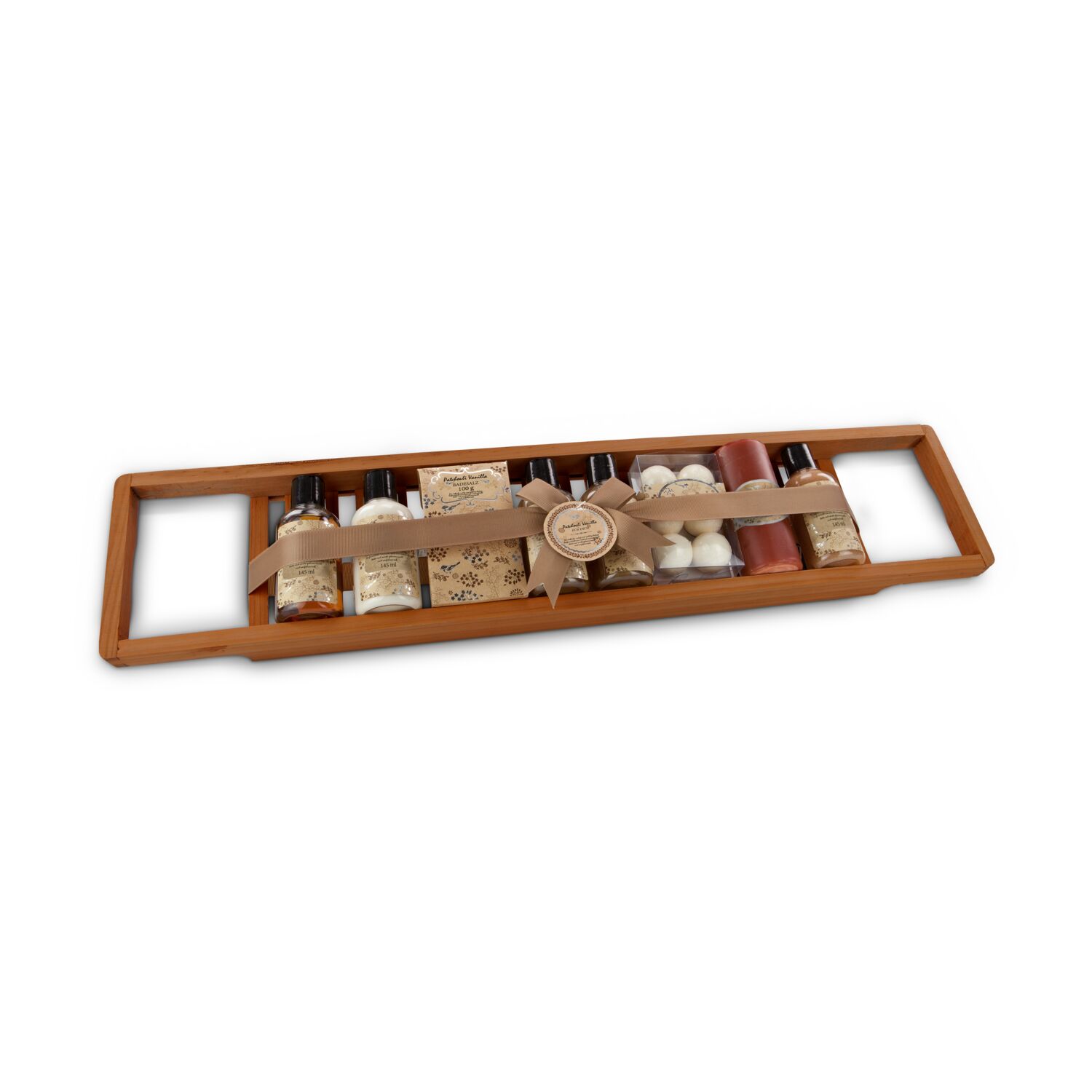 145 ml Duschgel, Bodylotion, Shampoo, Schaumbad und Körperpeeling, Kerze, 6 x 20 g Badekugeln, 100 g Badesalz, auf Badewannenhalter