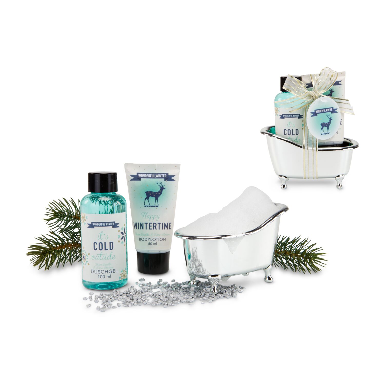 100 ml Duschgel, 50 ml Tube Body Lotion in silberfarbener Badewanne, Duft: Warme Vanille & Lindenblüte