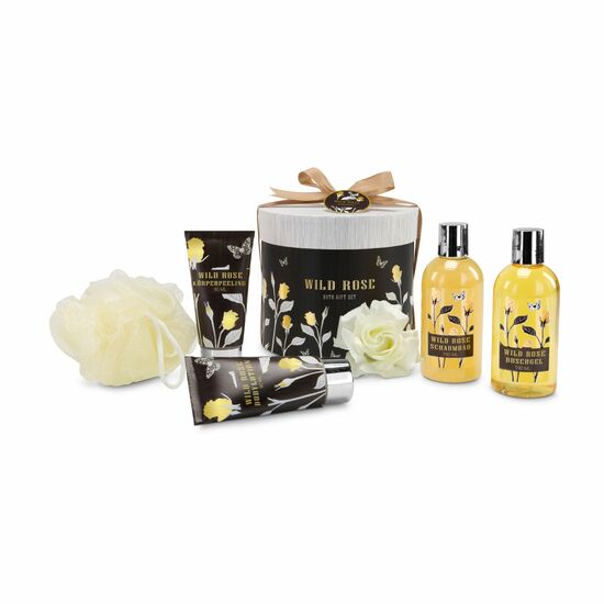 190 ml Duschgel, 190 ml Schaumbad, 90 ml Body Lotion, 90 ml Körperpeeling, Mesh-Schwamm beige, in hochwertiger Geschenkbox mit Goldprägung