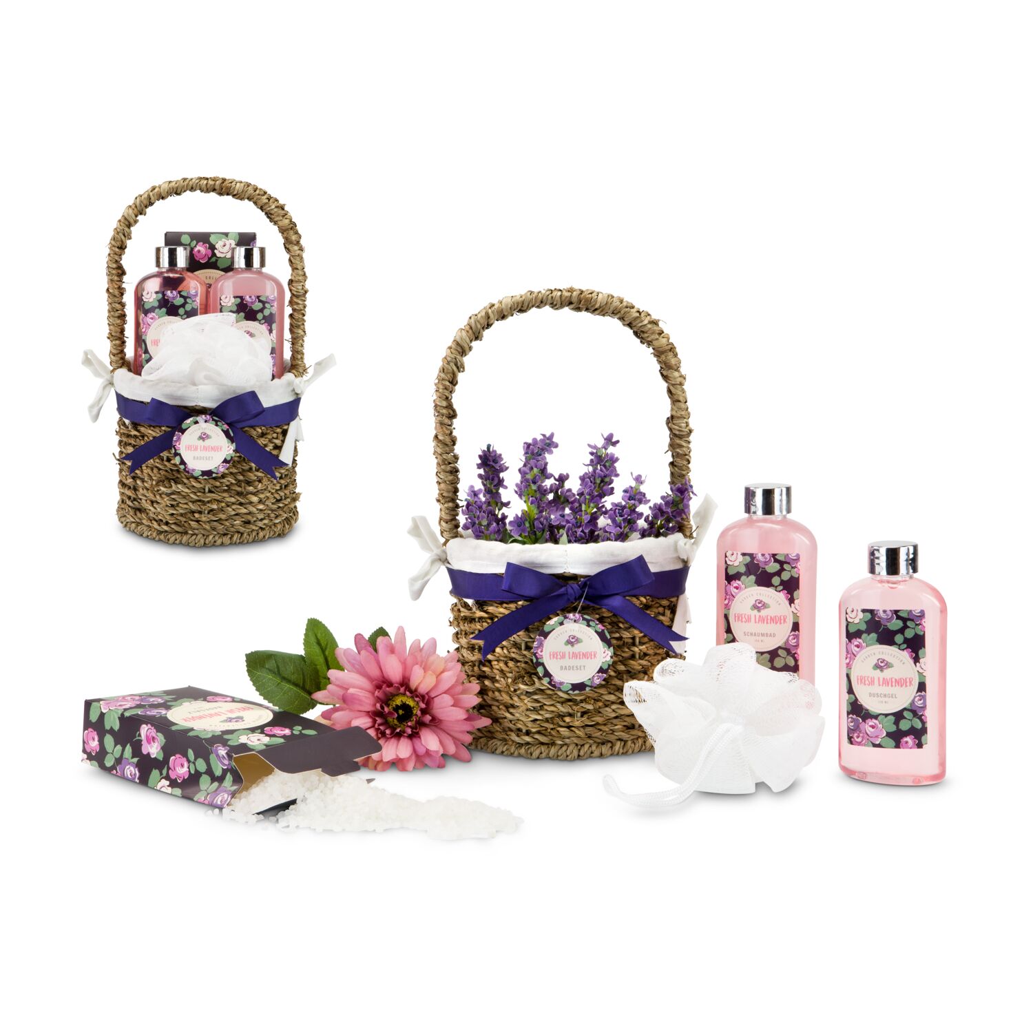 150 ml Duschgel, 150 ml Schaumbad, 100 g Badesalz, Mesh-Schwamm weiß, im kleinen Weidenkörbchen