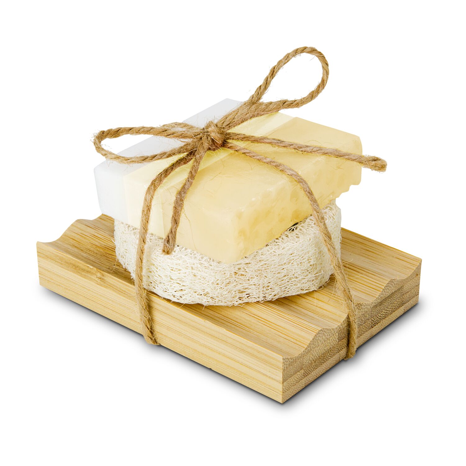 100 g handgemachte Seife mit Honigduft, 1 Luffaschwamm, 1 praktische Holz-Seifenschale zur Aufbewahrung, verpackt in einer Geschenkbox