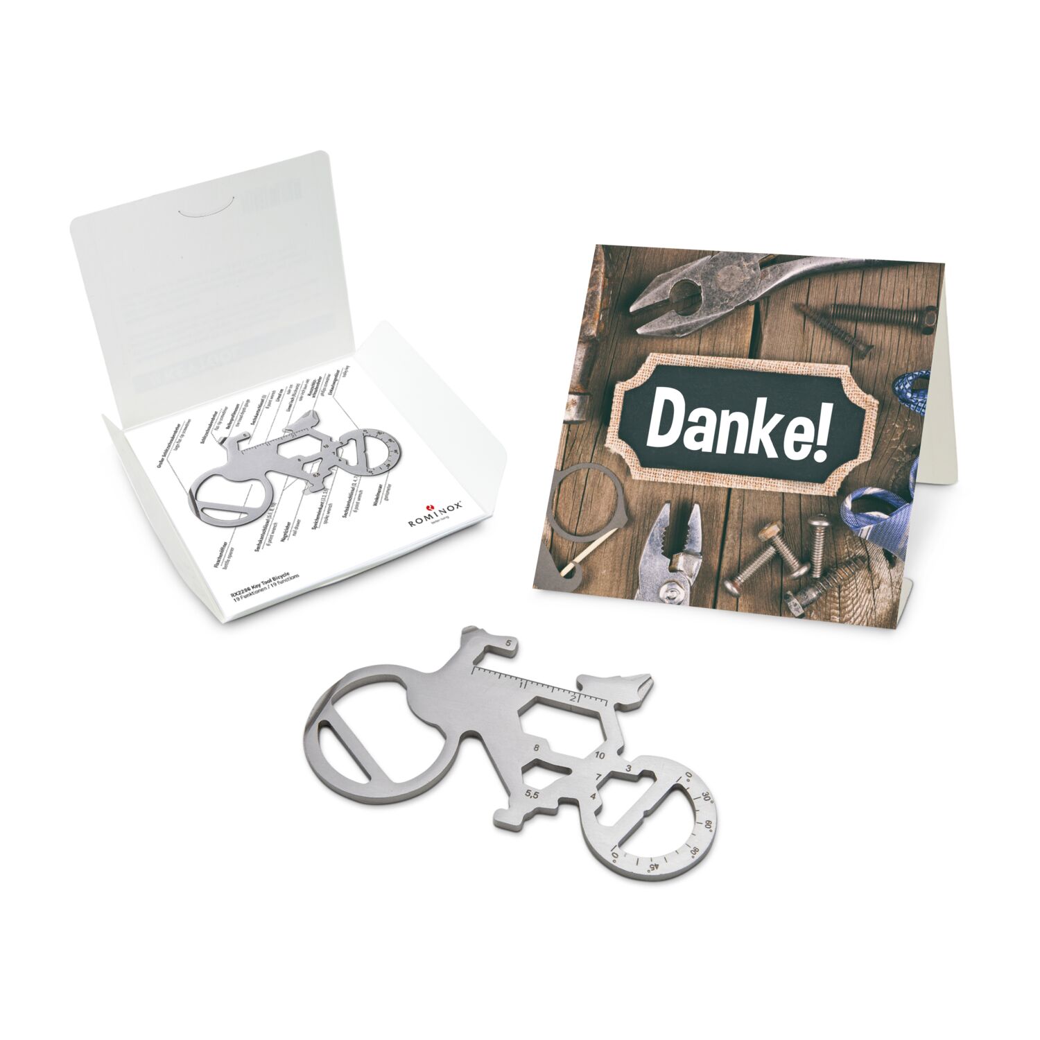 Das Key Tool kommt in einem „Danke”-Mäppchen inkl. Funktionsbeschreibung. „An die Werkzeuge, fertig, los“!