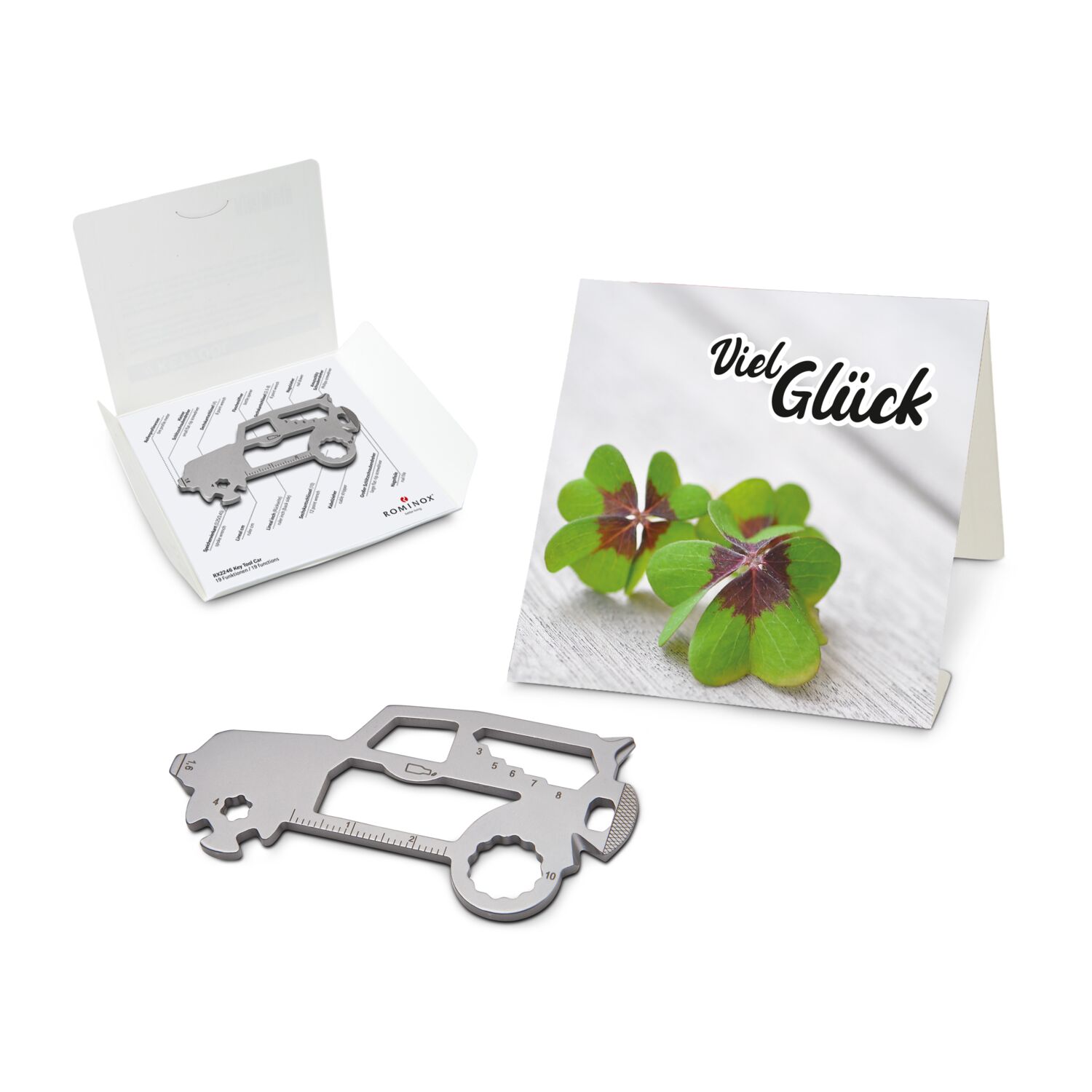 Key Tool in einem „Viel Glück”-Mäppchen inkl. Funktionsbeschreibung. „An die Werkzeuge, fertig, los“!