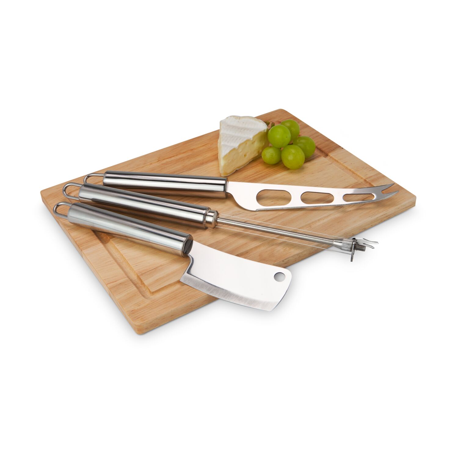 Grundausstattung für Käseliebhaber, massives Holzbrett, Käsemesser, Beil und Fadenschneider (Holz, Edelstahl - seidenmatt gebürstet)