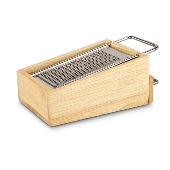 Käsereibe aus Holz, integrierter Auffangbehälter auch zum Servieren, Edelstahlreibe mit handlichem Griff