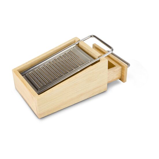 Käsereibe aus Holz, integrierter Auffangbehälter auch zum Servieren, Edelstahlreibe mit handlichem Griff