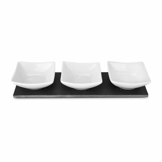 Klarheit und Eleganz, 3 Keramikschalen auf elegantem Schieferbrett (Schiefer, Keramik)