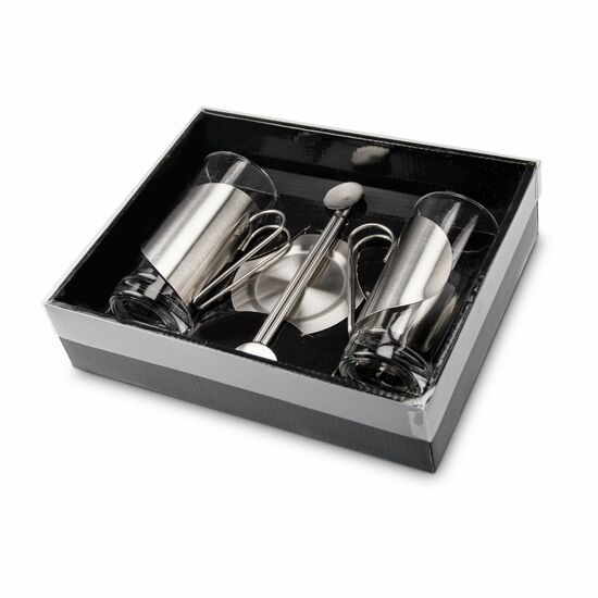 2 Teegläser mit klarer, linearer Formensprache, Untersetzer und Trinkhalmlöffel (hitzebeständiges Glas, Edelstahl)