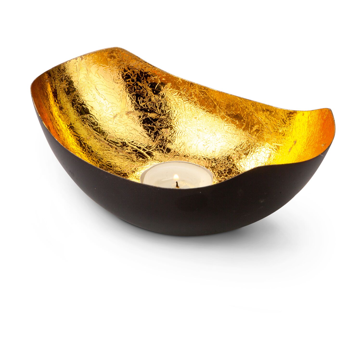 Dekorative Teelichtschale für gold-schimmerndes Kerzenlicht (Metall - seidenmatt braun lackiert mit Goldfolienauskleidung)