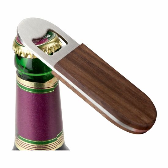 Hochwertiger, handlicher Flaschenöffner, aus dunklem Walnussholz und silbernem Edelstahl, geschmeidige Haptik (Walnussholz, Edelstahl)