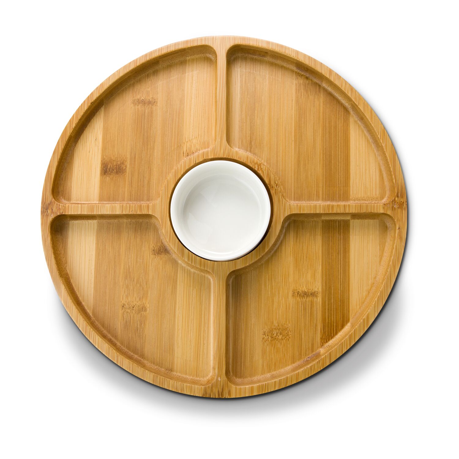 Großer runder Servierteller aus Bambus, mit Dipschälchen aus Keramik, praktische Unterteilung in 4 Snackfächer (Bambus, Keramik)