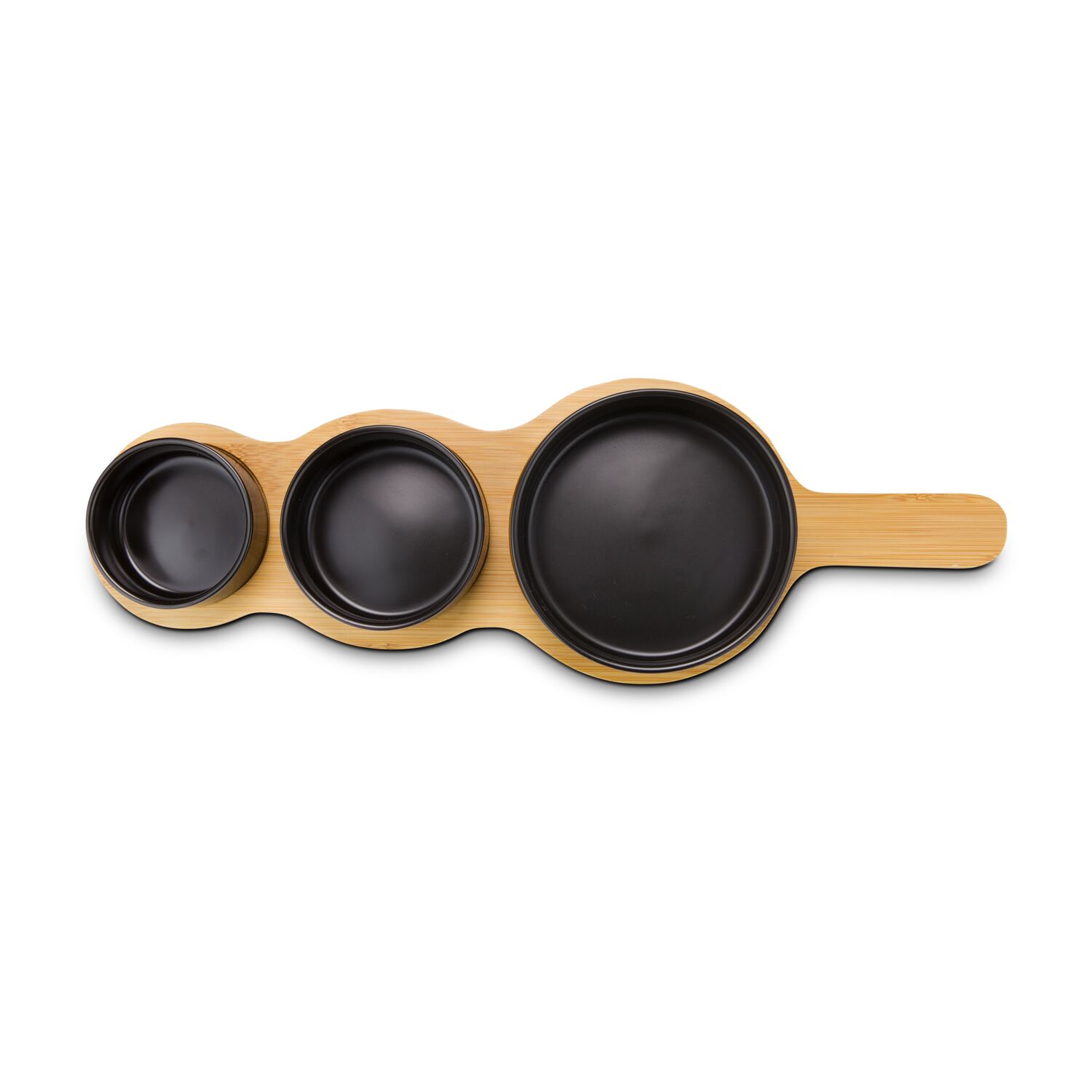 4-teiliges Servier-Set, 3 schwarzen Keramikschälchen und Bambusbrett mit praktischem Griff, Vertiefungen für besseren Halt (Bambus, Keramik)
