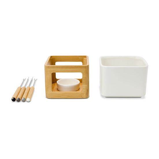 Fondueset bestehend aus Topf, Stövchen mit Teelichthalterung, 4 Piksern in verschiedenen Grautönen (Keramik, Holz, Edelstahl, ohne Teelicht)