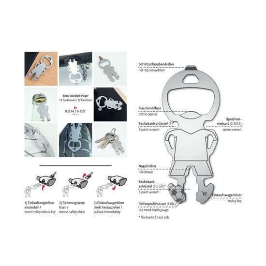 Werden Sie zum Trikotsponsor! Multifunktionaler Fußballer Einkaufswagenlöser mit 12 Funktionen