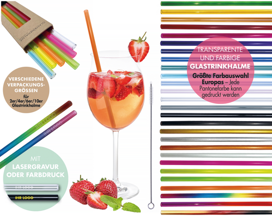 6er Set farbige Glastrinkhalme + Reinigungsbürste in Co-Branding Verpackung